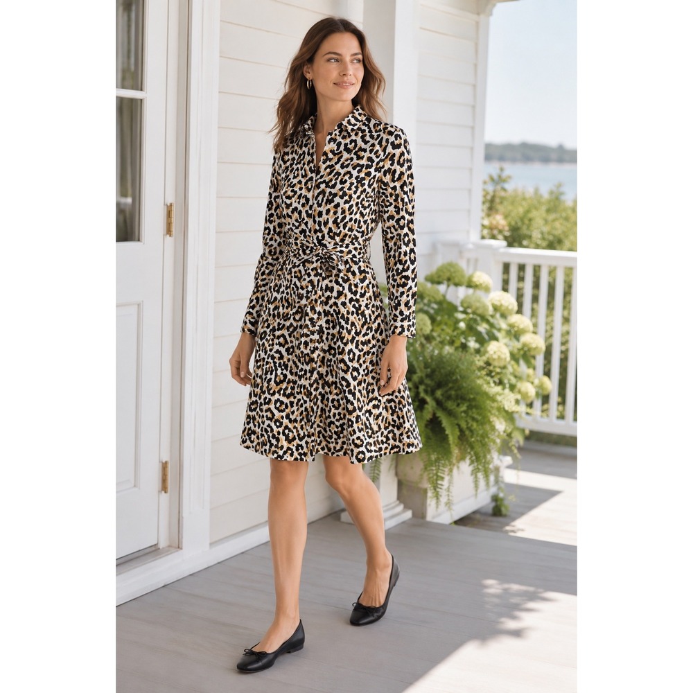 NWT J.Crew Leopard POPLIN Shirt Dress Women 6 Tie Waist Long Sleeve Button Front